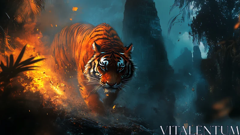 Tiger walks through burning jungle beside dark ruined temple