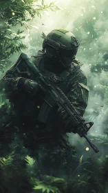 Armored commando advances through dense luminous jungle mist