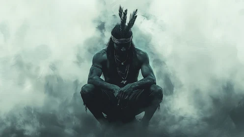 Mystic warrior crouched in ethereal smoke-filled void.