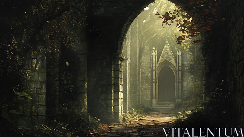 Sunlit forest ruins leading toward a quiet hidden doorway.