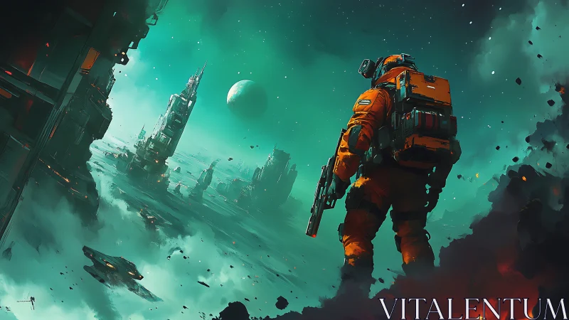 Lone space explorer surveys ruined alien megacity in teal haze