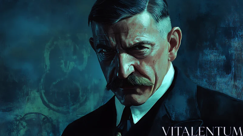 Brooding mustached man in teal shadows stares intensely.