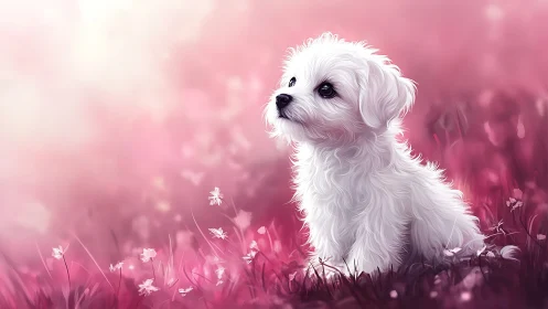 High-detail white puppy rendering within soft pink bokeh field