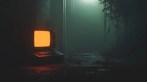 Vintage computer terminal in damp corridor under green light.