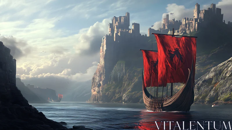Crimson warship sails toward towering seaside citadel.