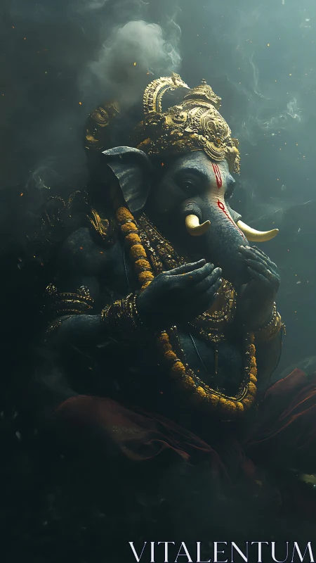 Mystical digital Ganesh idol amid smoke and golden light.