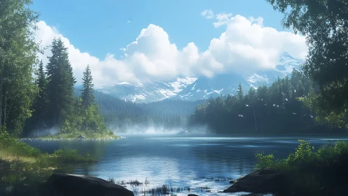 Quiet mountain lake rests under soft clouds and bright sky