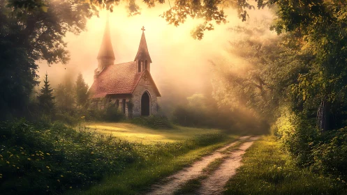 Sunlit forest chapel stands in a dreamy golden morning haze