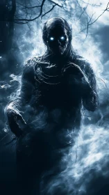 Spectral humanoid entity in volumetric blue fog illumination.