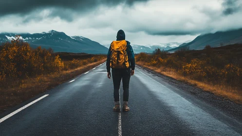 Backpacker centered on wet mountain road under low storm clouds