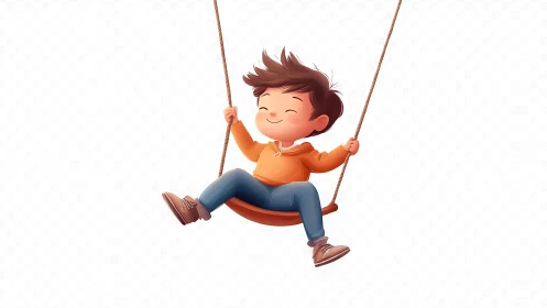 Boy swinging on rope with joyful expression, brown hair.