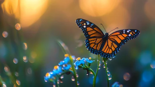 Monarch wings sip sunrise while dewdrops hum beneath