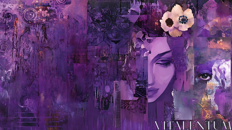 Digital painting portrait collage with violet abstract fragments.