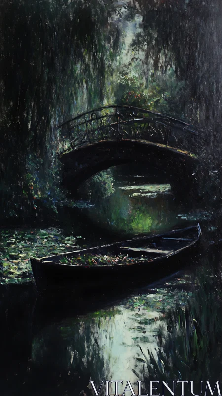 Silent canal boat beneath shaded garden bridge at dusk.