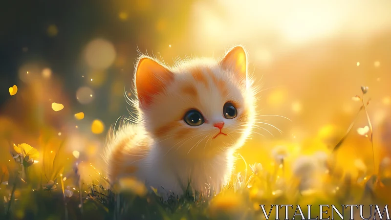 Kitten in Golden Meadow: Soft-Focus Illuminated Feline Portrait