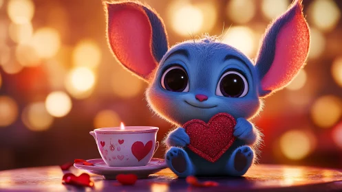 Adorable Blue Creature Holds Glittering Heart with Love