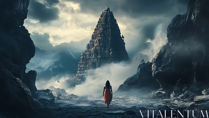 Lone figure approaches towering temple in misty gorge.