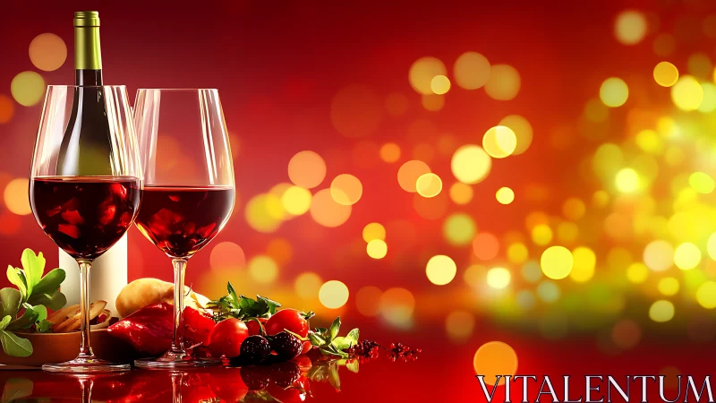 Red wine glasses and bottle stand before defocused bokeh lights