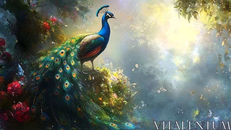 Peacock on forest ledge near bright misty clearing.