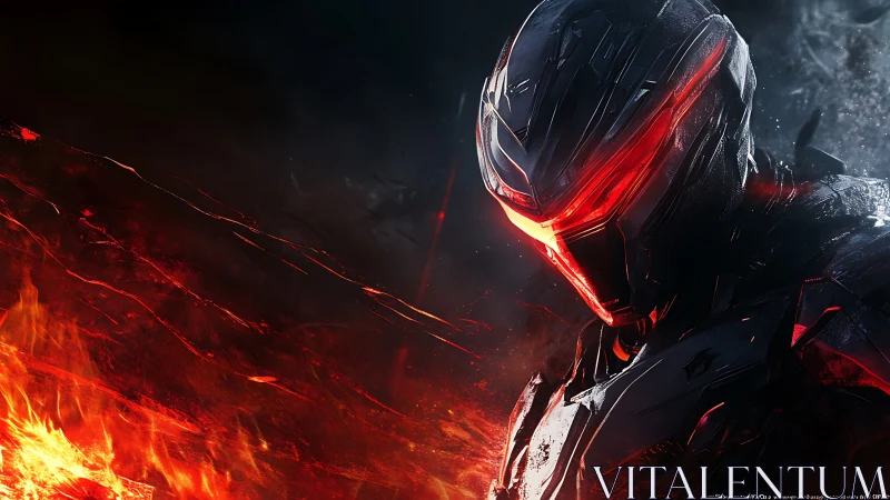 Ember-helmed cyber soldier watching a collapsing inferno horizon.