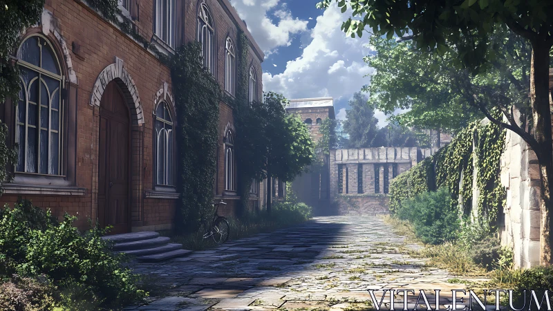 Sunlit ivy-covered courtyard rendered with high-detail 3D lighting