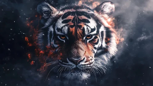 Thermodynamic tiger portrait with embers and particulate haze.