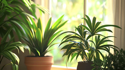 Sunlit window plants bringing calm, leafy comfort home.