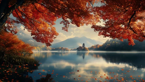 Autumn mountain lake panorama with mirrored maple canopy reflections