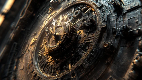 Ancient clockwork portal glowing with warm metallic light.