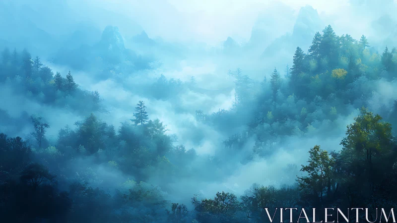 Misty Forest Valley with Mountain Peaks Through Ethereal Haze