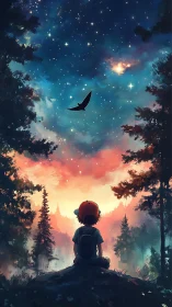 Quiet forest stargazer resting under a painted sky.