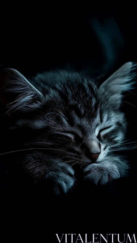 Slumbering tabby cat with sculptural head positioning against dark background.