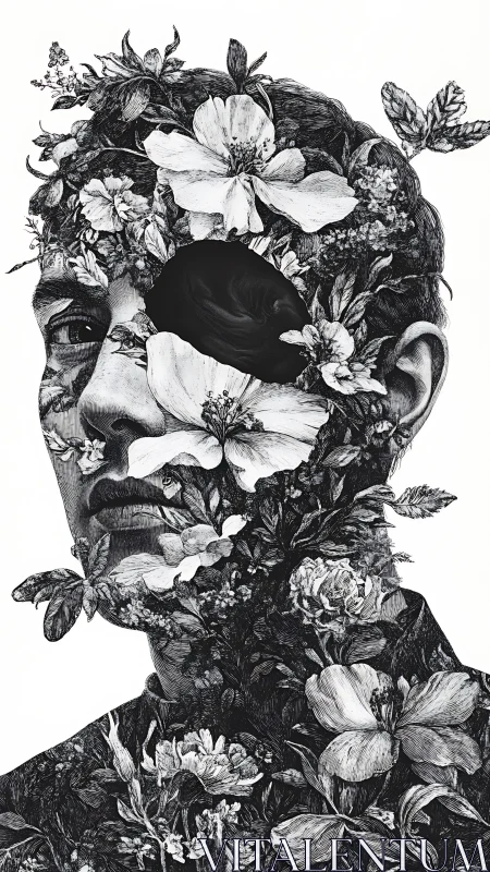 Floral portrait with hollow eye and dense botanical overlay.