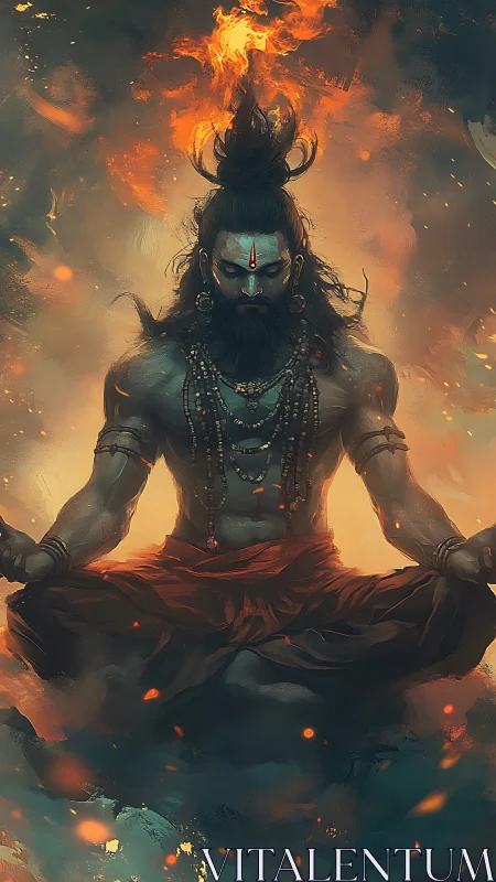 Fiery ascetic yogi levitates in mystical inferno meditation.