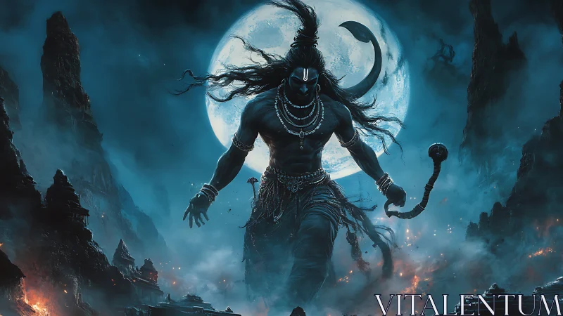 Moonlit warrior strides through smoky mountains with power