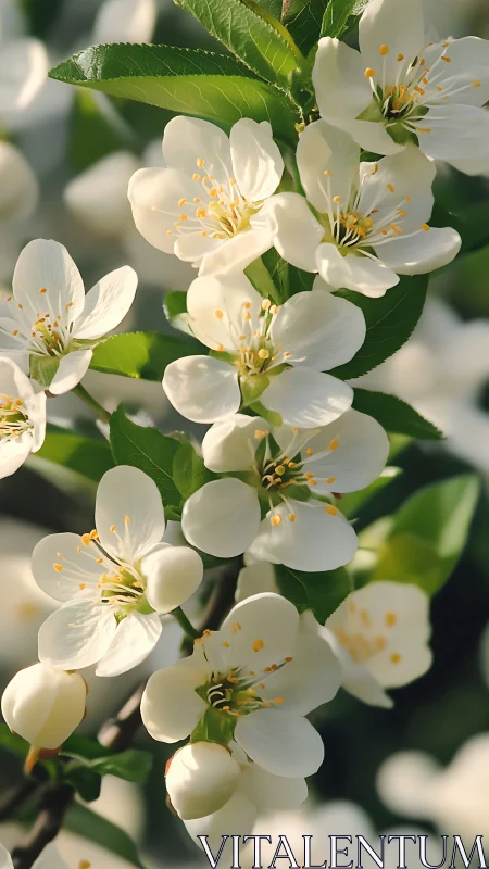 Delicate white blossoms catching golden sunlight on spring branches