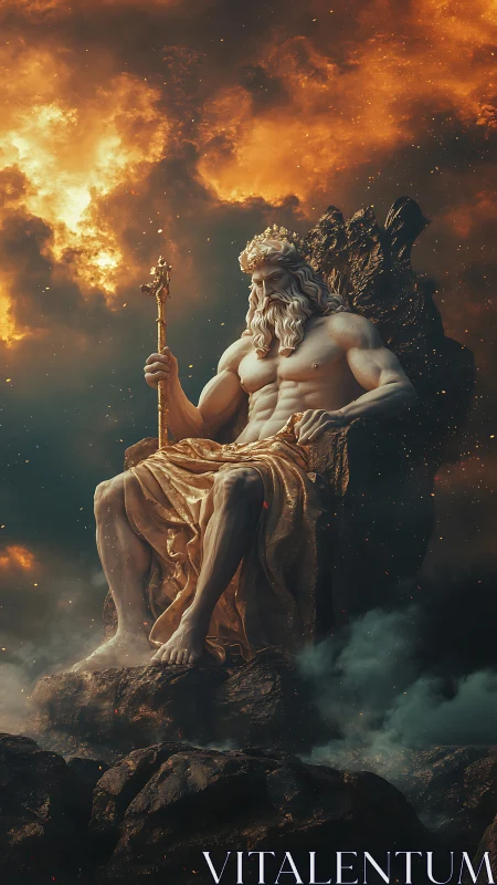 Majestic sky god rests on a fiery throne above clouds