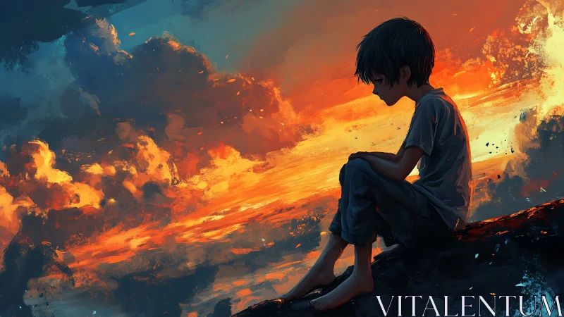 Solitary dreamer stitches thoughts into a burning sunset