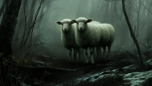 Two white sheep stand in dark foggy forest clearing.