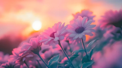 Pink daisies at sunset with solar disk in background.