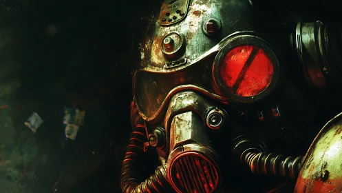 Rust-scarred gas mask helmet under crimson visor glow.