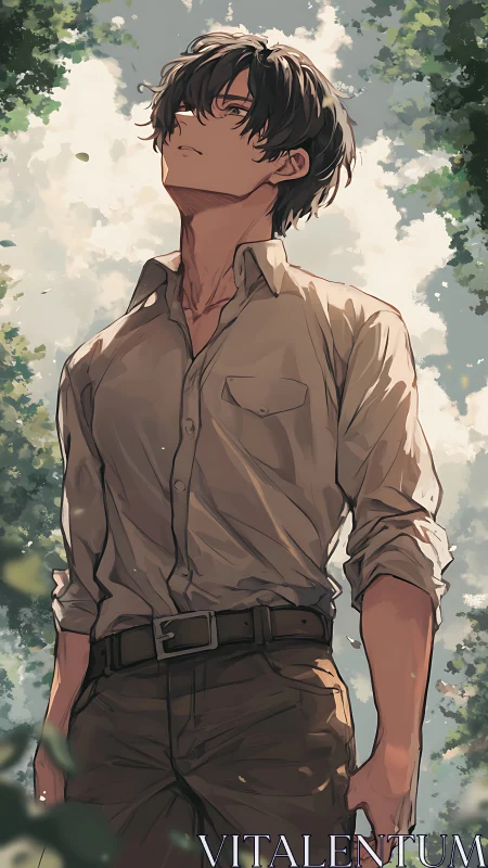 Pensive young man stands beneath dappled forest sunlight.