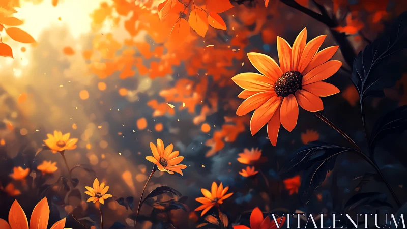 Digital illustration depicting orange flowers with particle effects and atmospheric lighting.