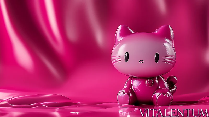Shiny pink cat figurine on glossy monochrome backdrop.
