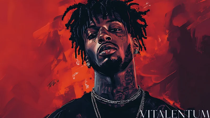 Stylized portrait of man with tattoos on red abstract background.