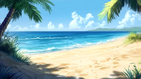 Tropical Paradise Beach With Palm Fronds And Turquoise Waters.