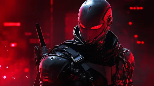 Futuristic cyber warrior glowing in bold neon red light.