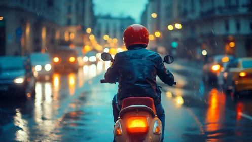 Motor scooter rider in wet city traffic at night.