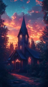 Gothic woodland chapel under volumetric sunset skyfield glow.