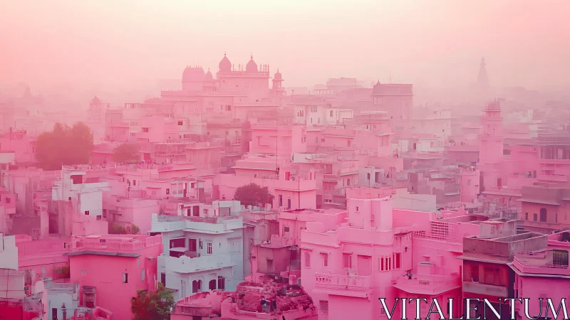 Sunlit pink city skyline wrapped in dreamy morning haze.